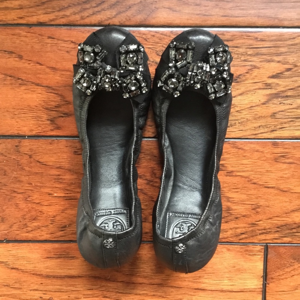 Tory Burch Black Azalea Jeweled Flats Size 8.5